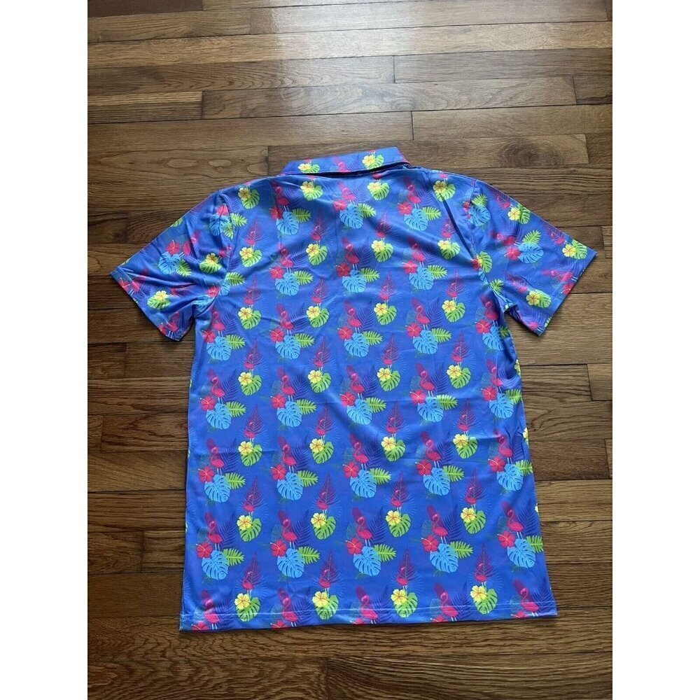 Proud 90 Golf Polo Shirt Men's Blue Floral Flamingo Stretch Short Sleeve Size S - Picture 3 of 4